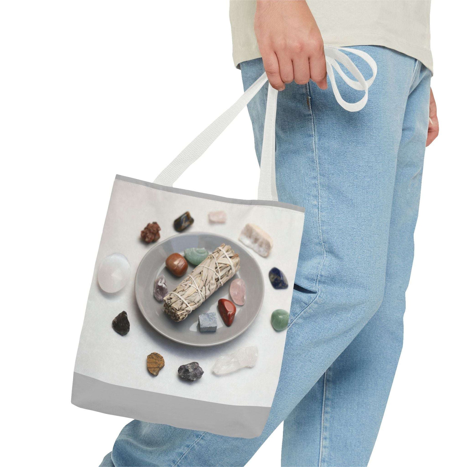 Crystal Healing Tote Bag - Mindful Sage and Gemstone Design