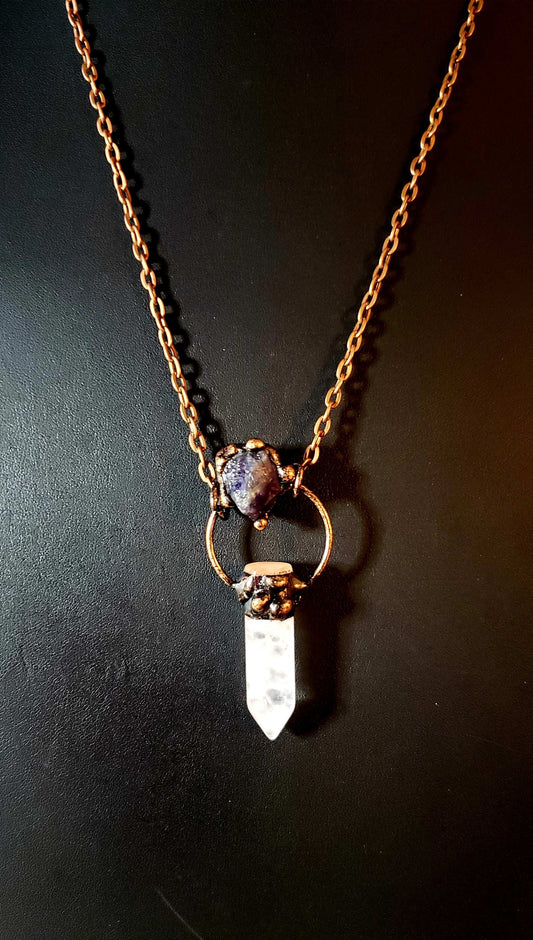 Crystal Quartz & Amethyst Cluster Anitique Copper Necklace