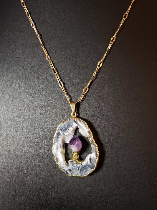 Agate Slice with Crystal Amethyst Point Necklace