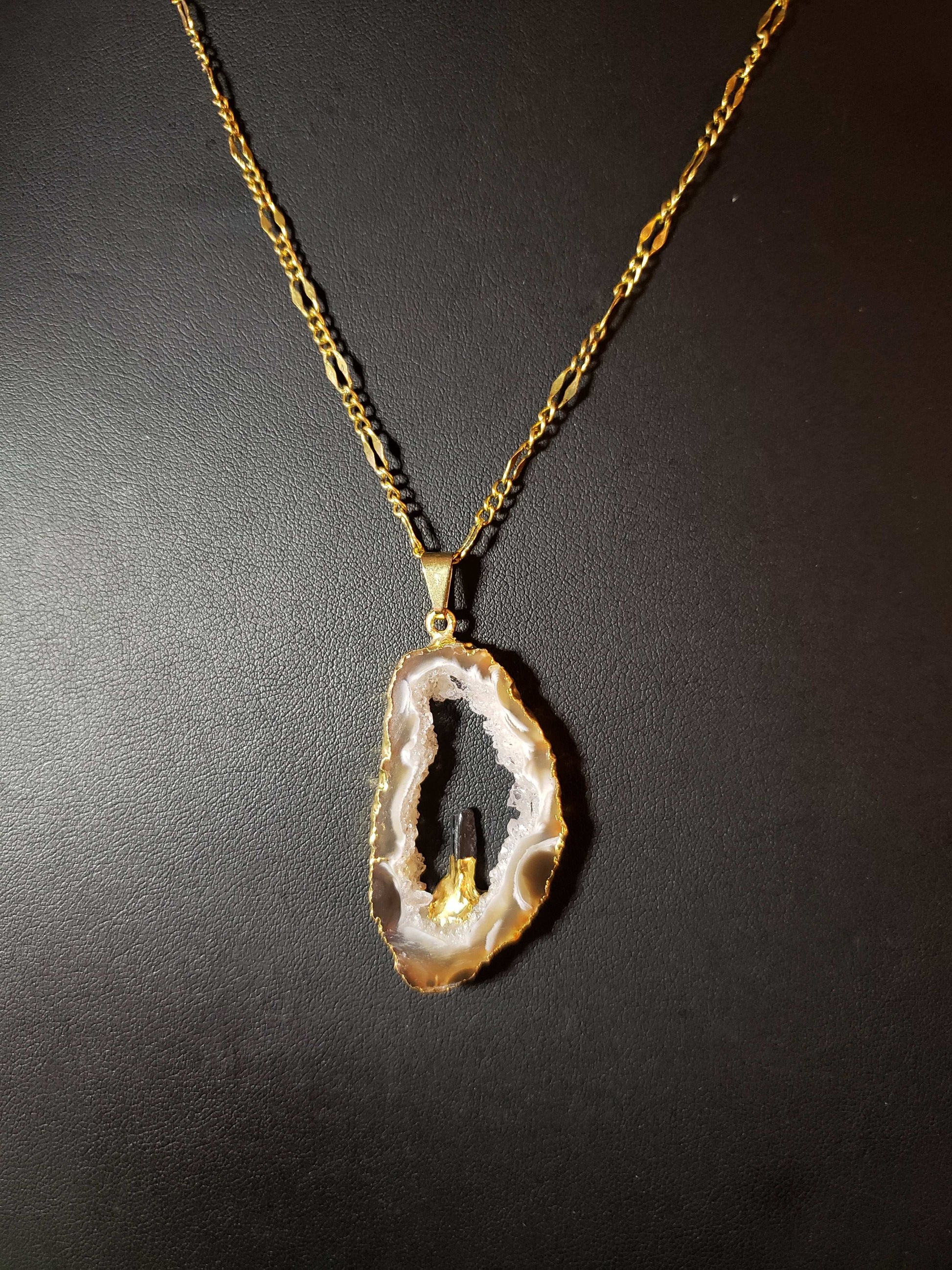 Agate Slice with Black Tourmaline Point Necklace