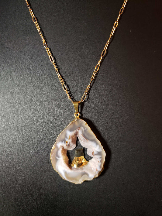 Agate Slice with Black Tourmaline Point Necklace