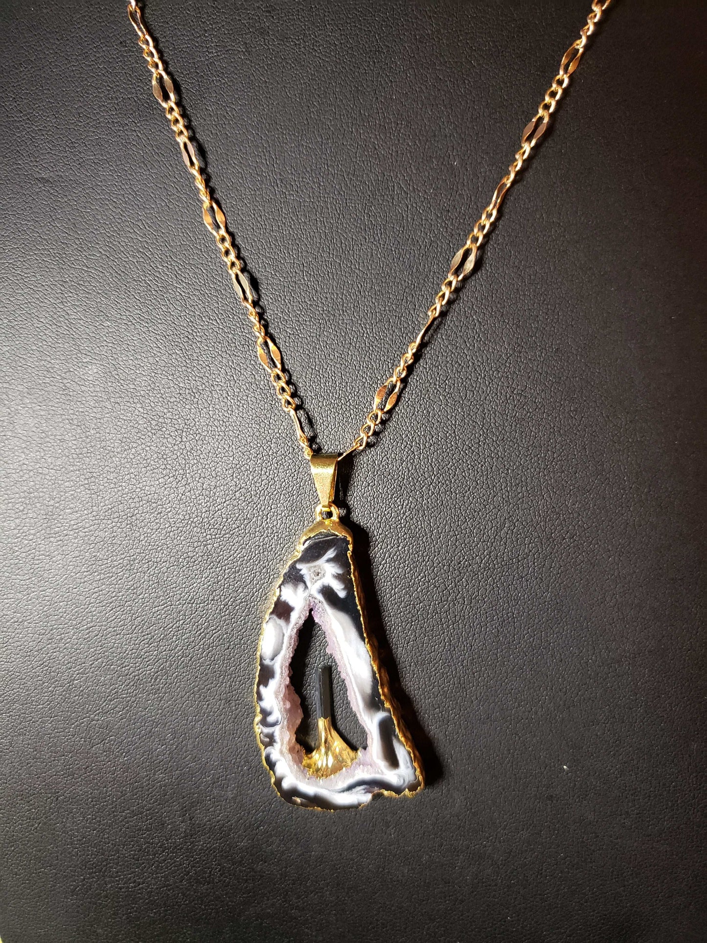 Agate Slice with Black Tourmaline Point Necklace