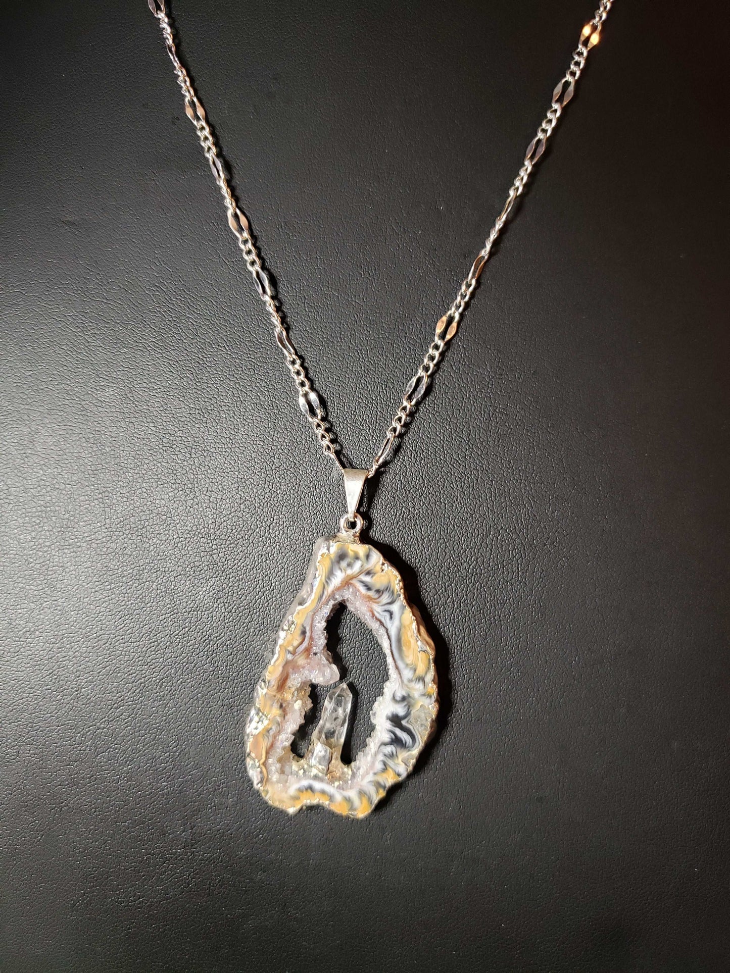 Agate Slice with Crystal Quartz Point Necklace