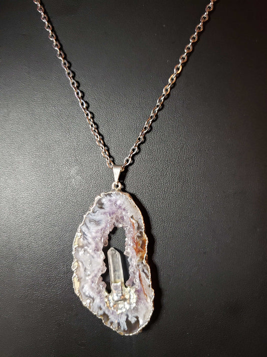 Agate Slice with Crystal Quartz Point Necklace