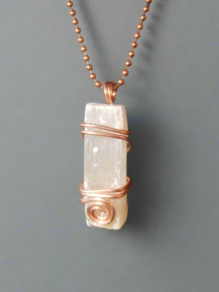 Selenite Copper Wire Wrapped Necklace