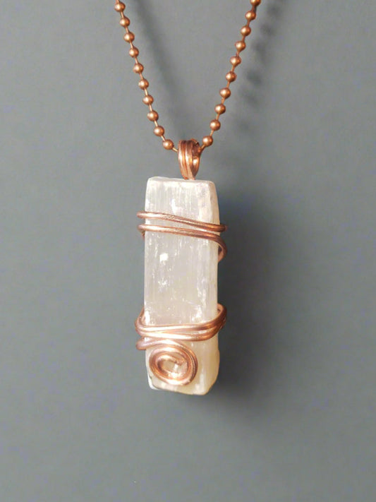 Selenite Copper Wire Wrapped Necklace