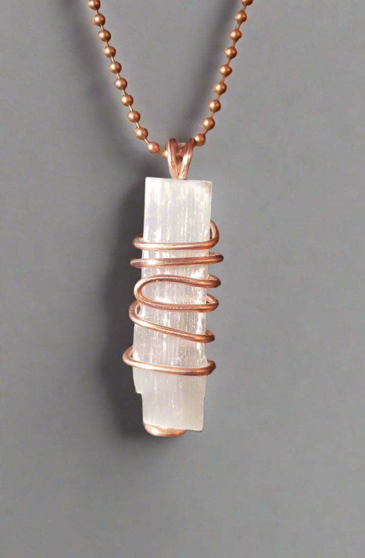 Selenite Copper Wire Wrapped Necklace