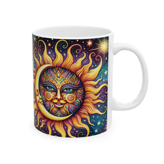 Celestial Sun and Moon Ceramic Mug - Colorful Cosmic Design (11oz, )