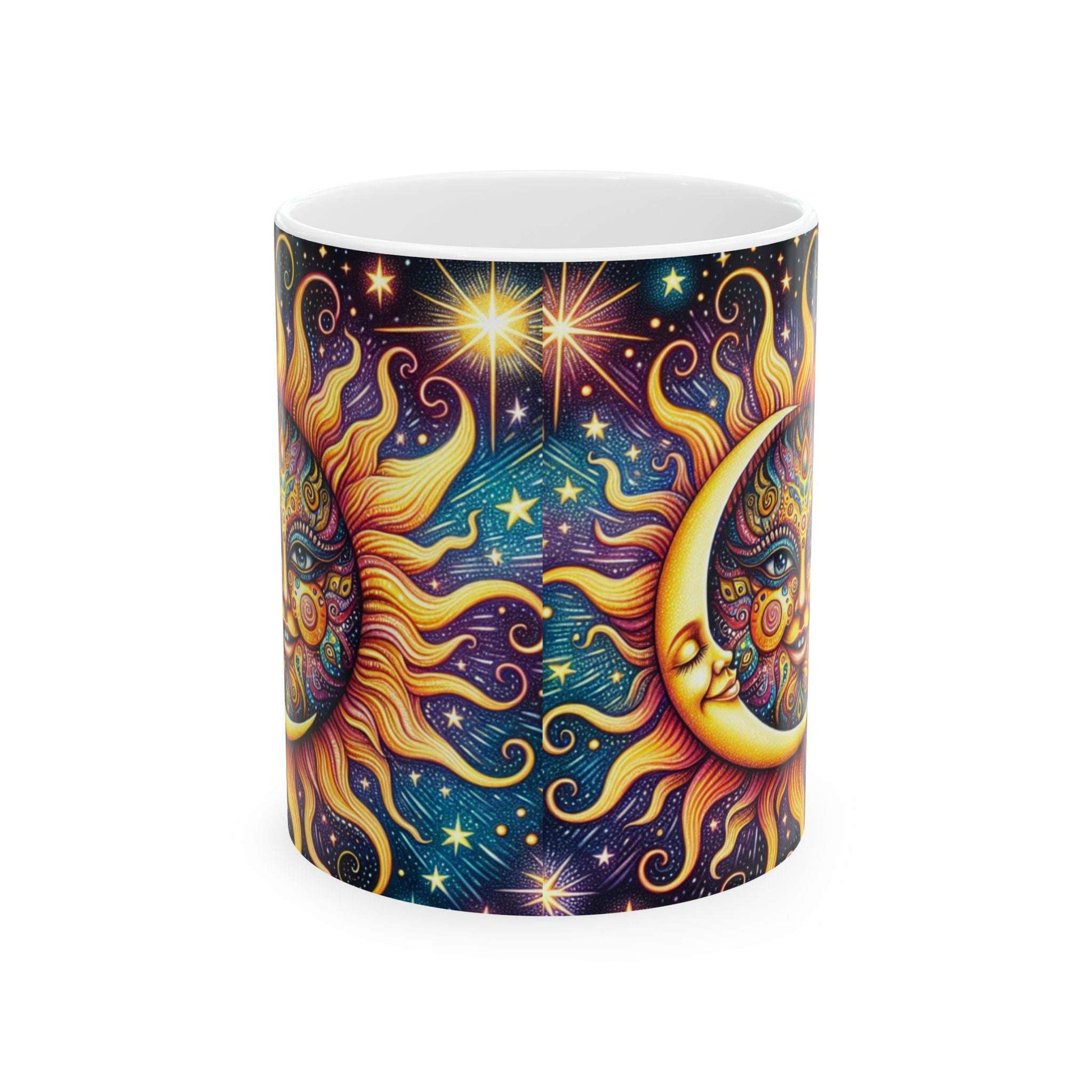 Celestial Sun and Moon Ceramic Mug - Colorful Cosmic Design (11oz, )