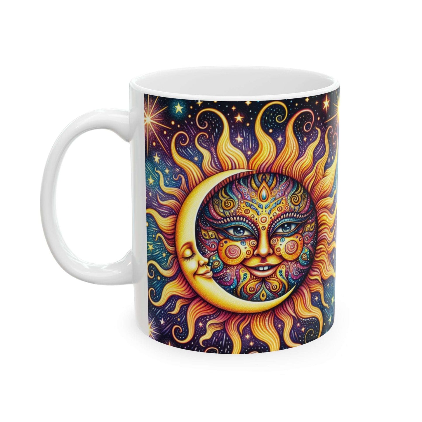 Celestial Sun and Moon Ceramic Mug - Colorful Cosmic Design (11oz, )