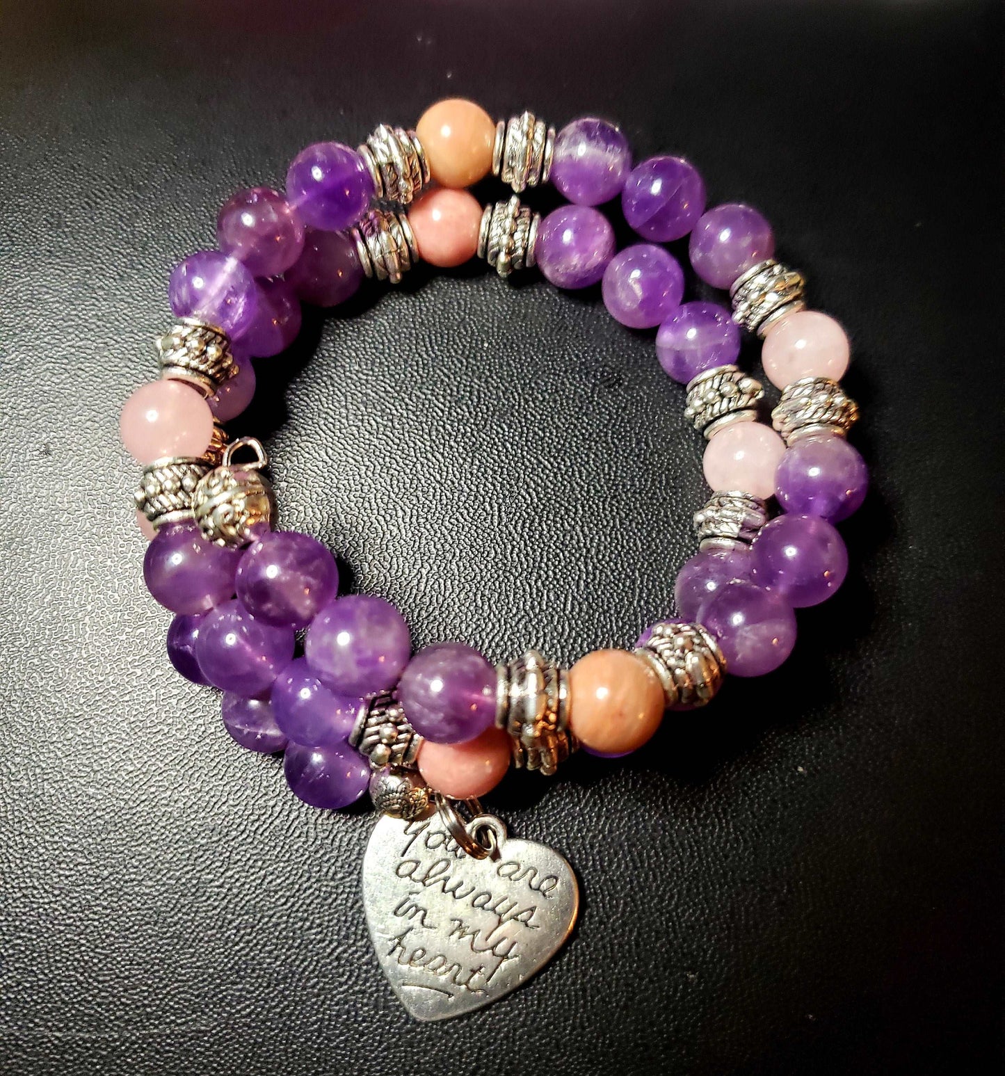 Amethyst , Rose Quartz & Rhodonite Memory Wire Bracelet