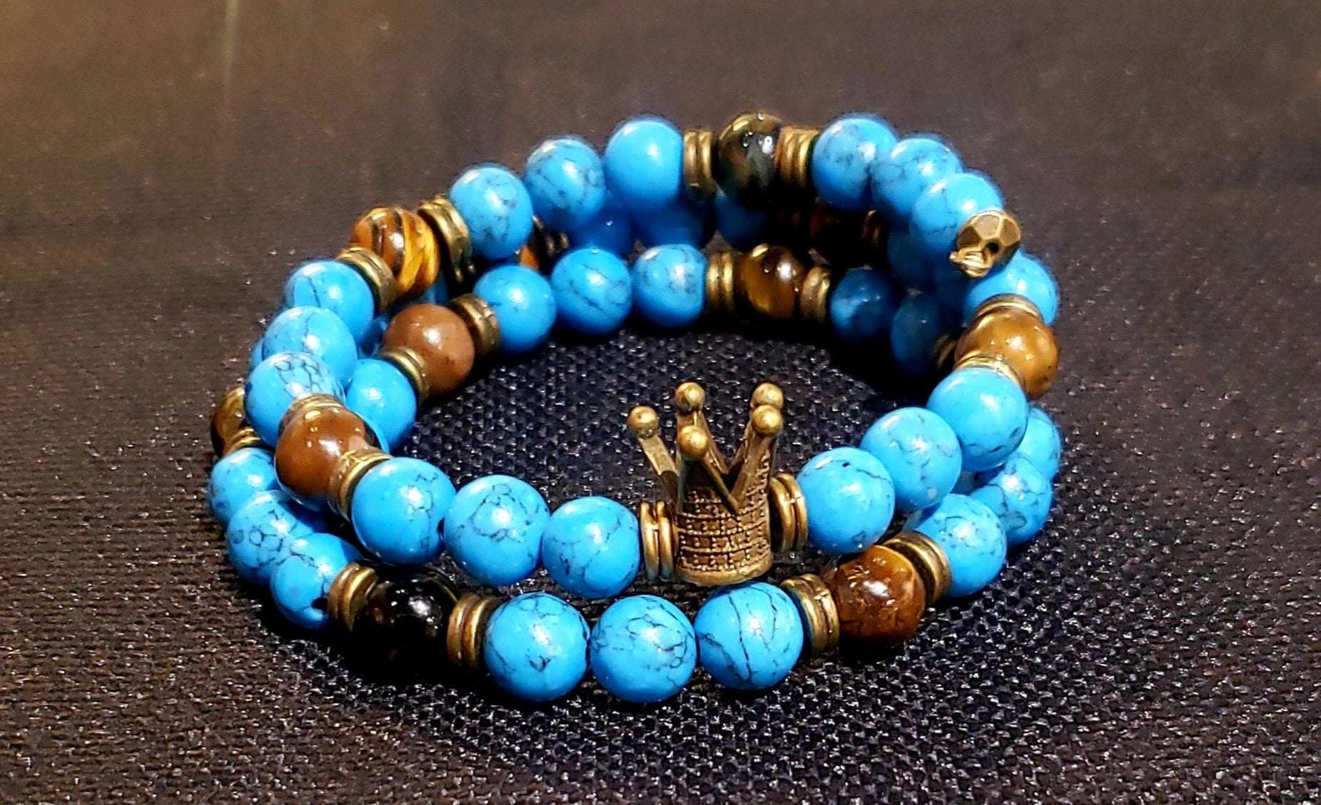 Turquoise , Black Obsidian and Tigers Eye Crown Bracelet