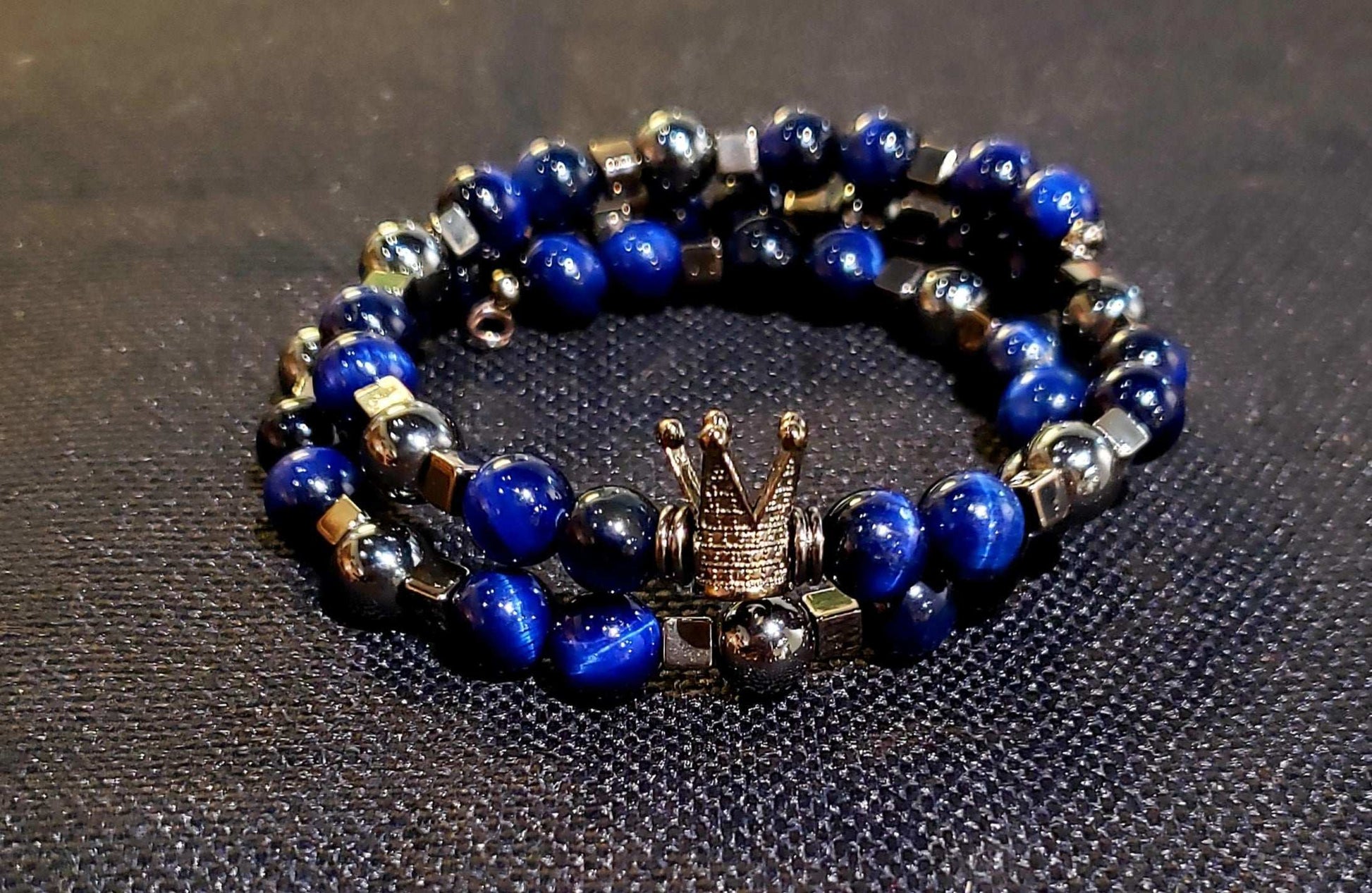 Blue Cats Eye & Hematite Crown Bracelet