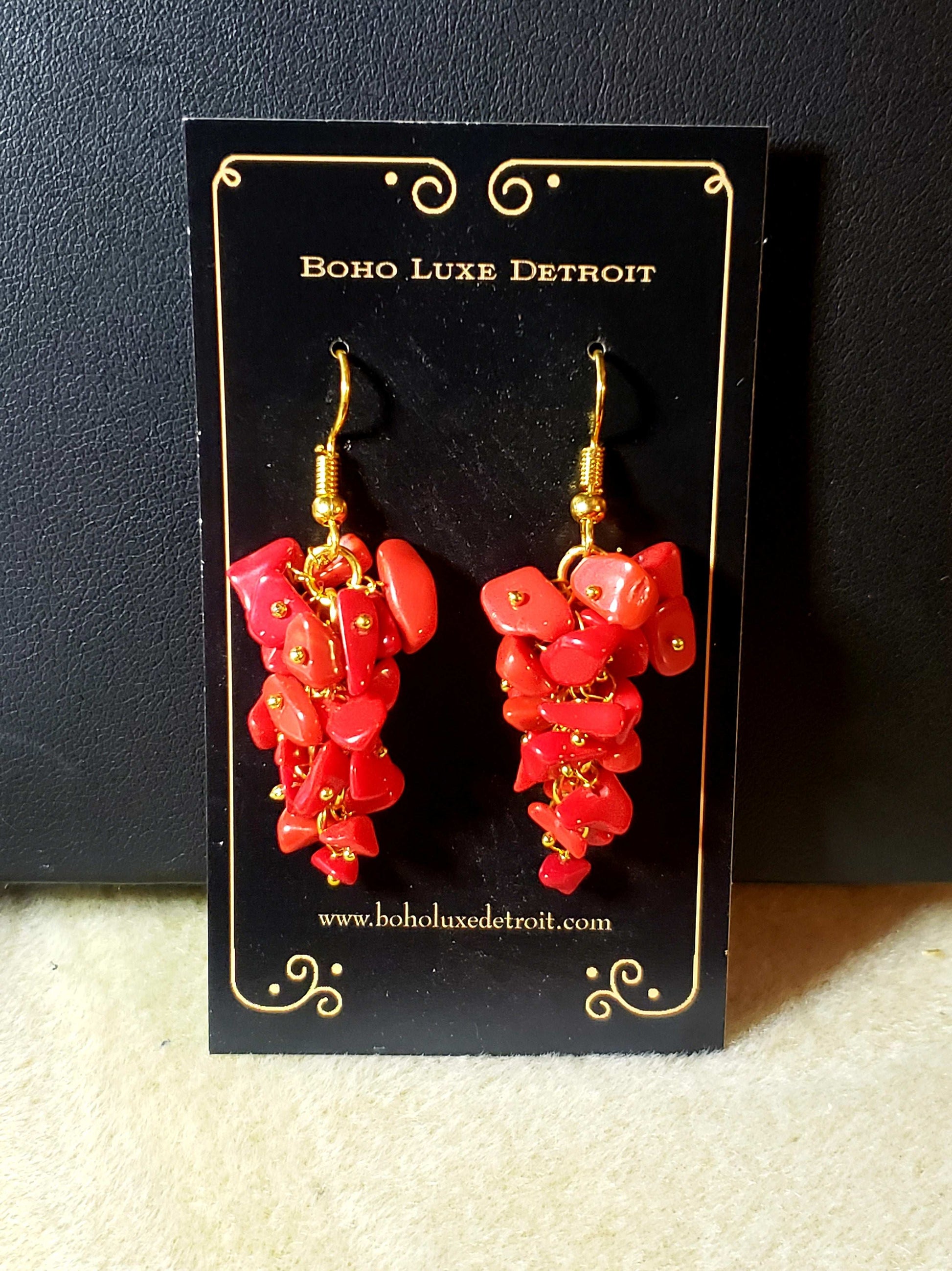 Coral Crystal Cluster Earring