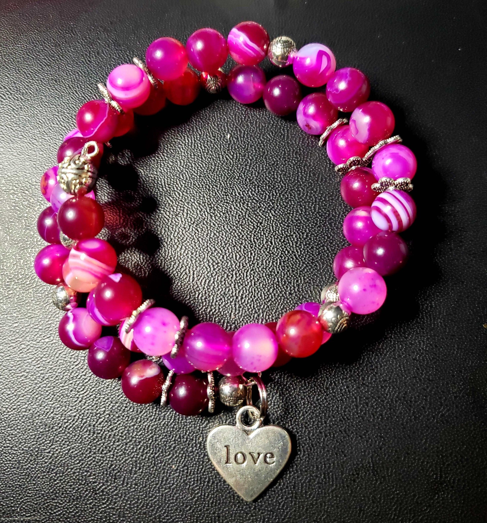 Fuchsia Banded Agate Crystal Memory Wire Bracelet