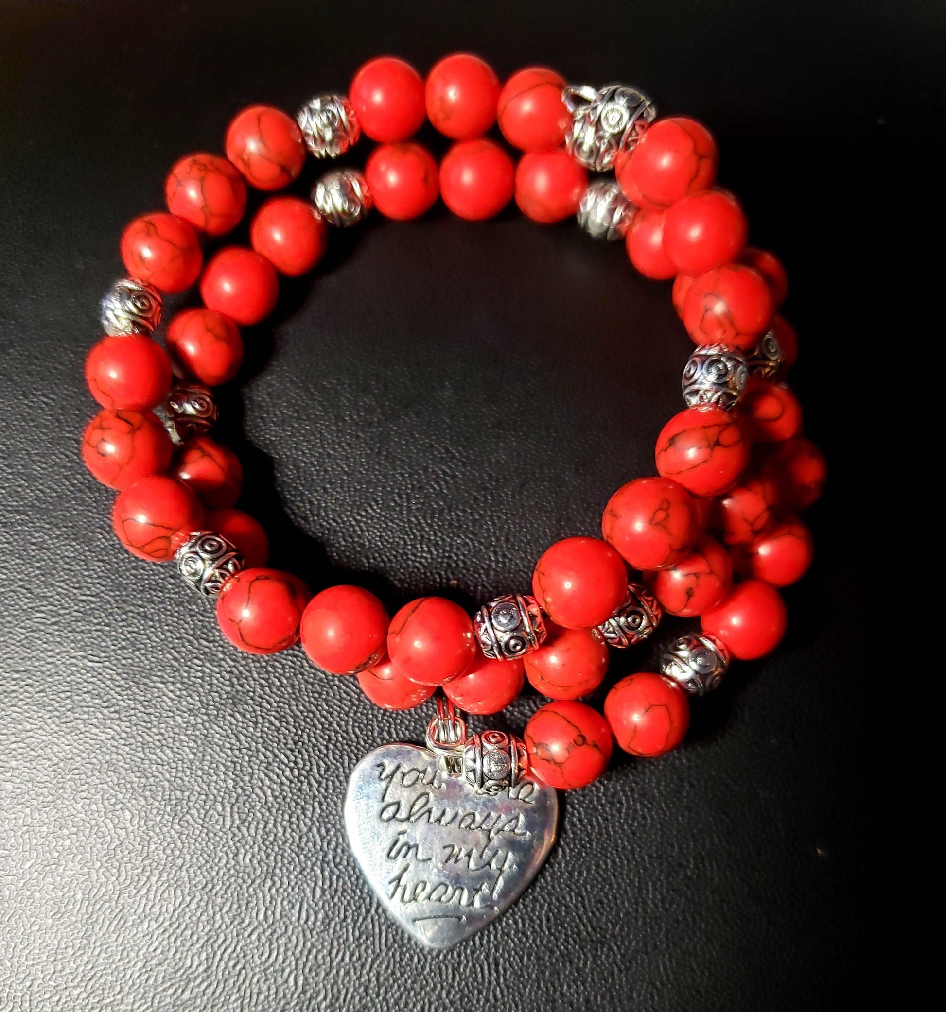 Red Turquoise Crystal Memory Wire Bracelet